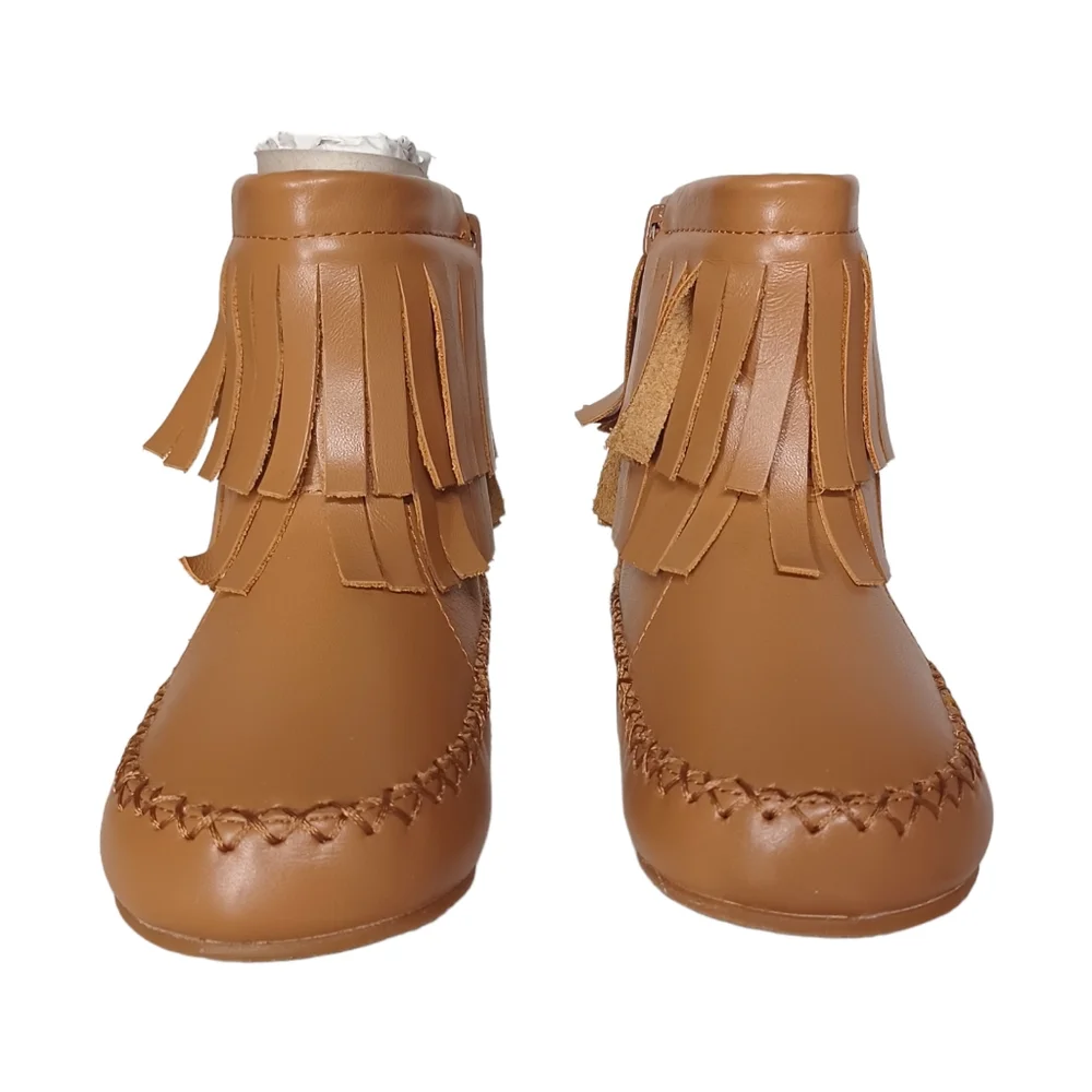 NEW SADO Cognac Brown Genuine Leather Moccasin Fringe Girl's Boots 8